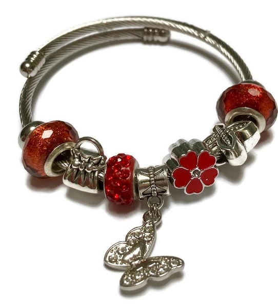 Red Butterfly Stainless Expandable Easy to put on stretch memory wire Charm Bracelet. One size fits most