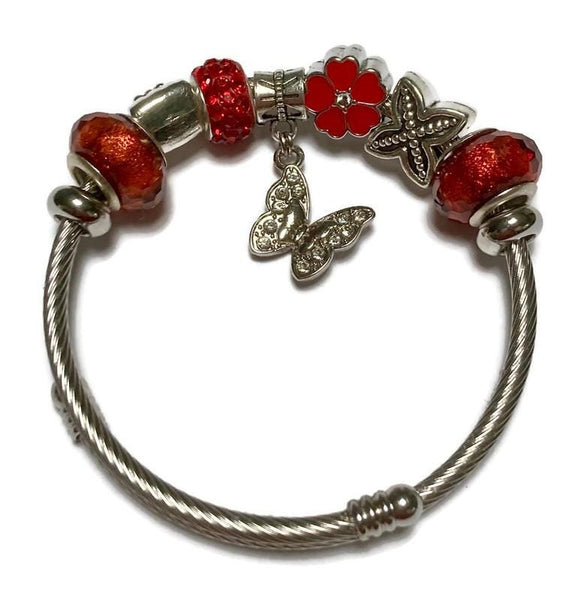 Red Butterfly Stainless Expandable Easy to put on stretch memory wire Charm Bracelet. One size fits most