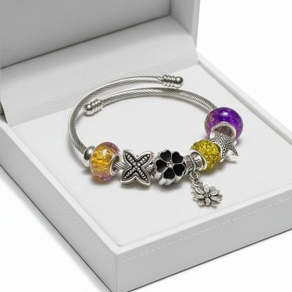 Purple, Yellow and Black Stainless Expandable Easy to put on stretch memory wire Charm Bracelet. One size fits most