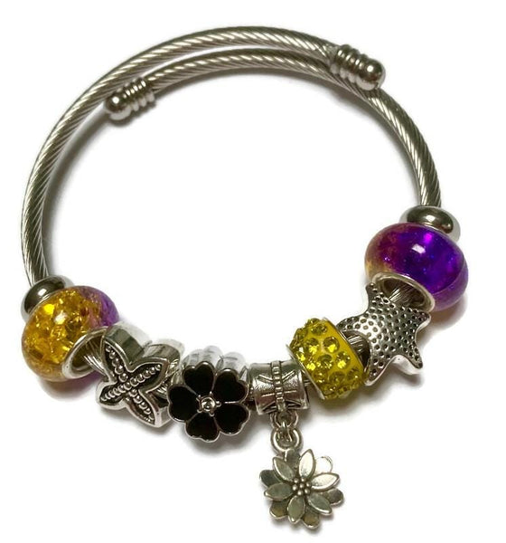 Purple, Yellow and Black Stainless Expandable Easy to put on stretch memory wire Charm Bracelet. One size fits most