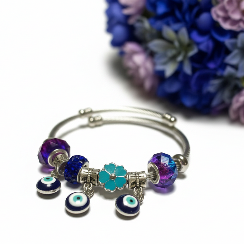Blue Purple. Evil eye Stainless Expandable Easy to put on stretch memory wire Charm Bracelet. One size fits most