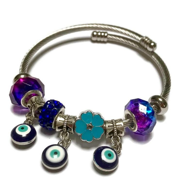 Blue Purple. Evil eye Stainless Expandable Easy to put on stretch memory wire Charm Bracelet. One size fits most