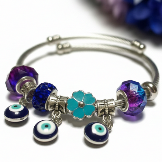 Blue Purple. Evil eye Stainless Expandable Easy to put on stretch memory wire Charm Bracelet. One size fits most