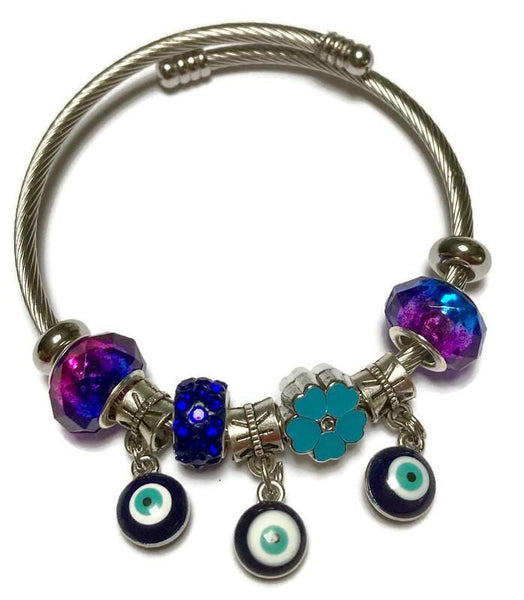 Blue Purple. Evil eye Stainless Expandable Easy to put on stretch memory wire Charm Bracelet. One size fits most