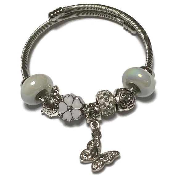 Delicate butterfly WHITE Stainless Expandable Easy to put on stretch memory wire Charm Bracelet. One size fits most