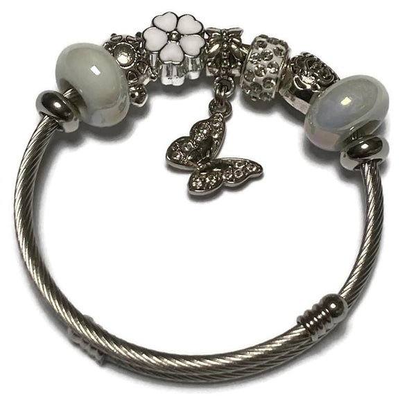 Delicate butterfly WHITE Stainless Expandable Easy to put on stretch memory wire Charm Bracelet. One size fits most