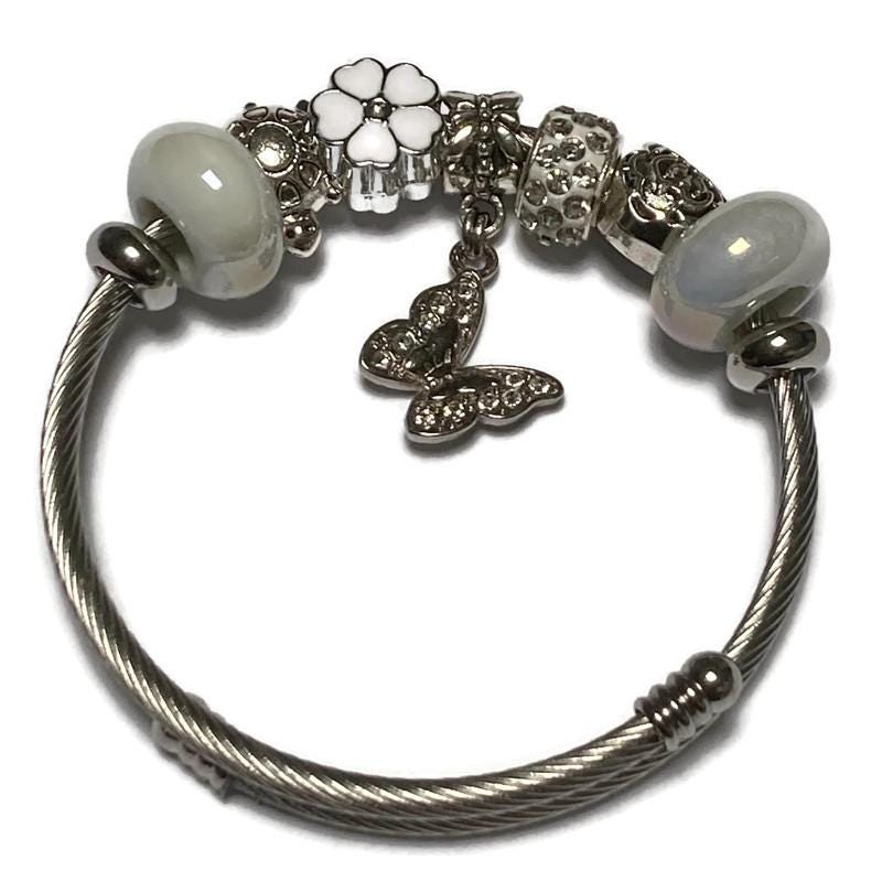 Delicate butterfly WHITE Stainless Expandable Easy to put on stretch memory wire Charm Bracelet. One size fits most