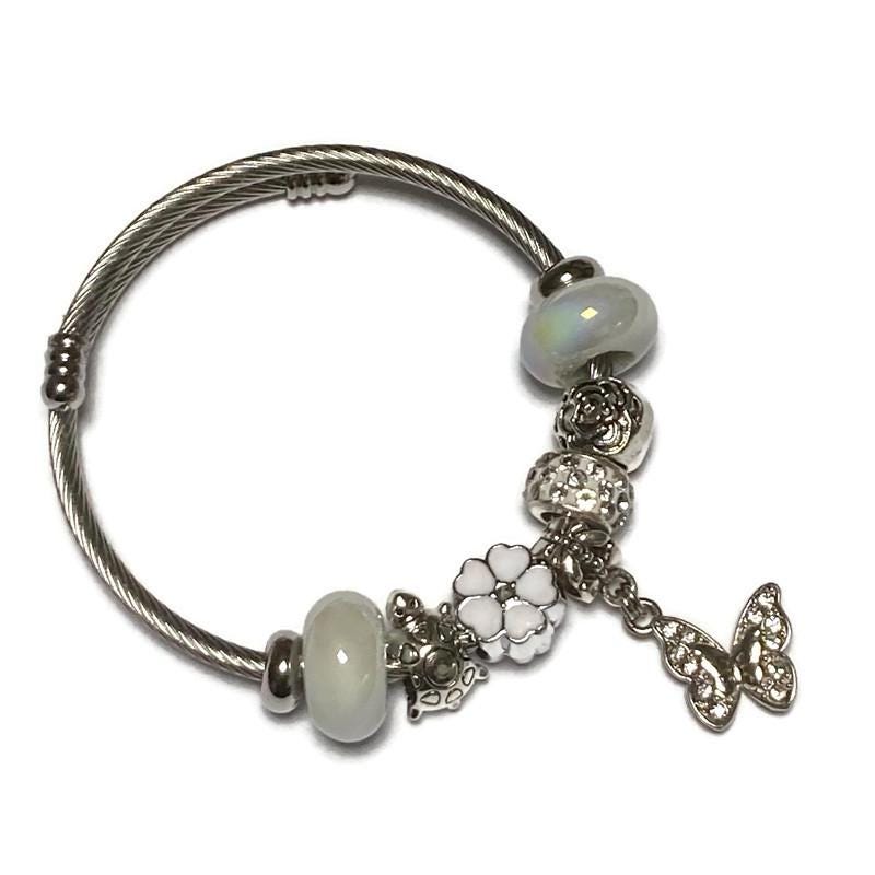 Delicate butterfly WHITE Stainless Expandable Easy to put on stretch memory wire Charm Bracelet. One size fits most