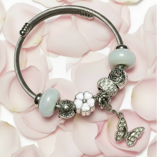 Delicate butterfly WHITE Stainless Expandable Easy to put on stretch memory wire Charm Bracelet. One size fits most