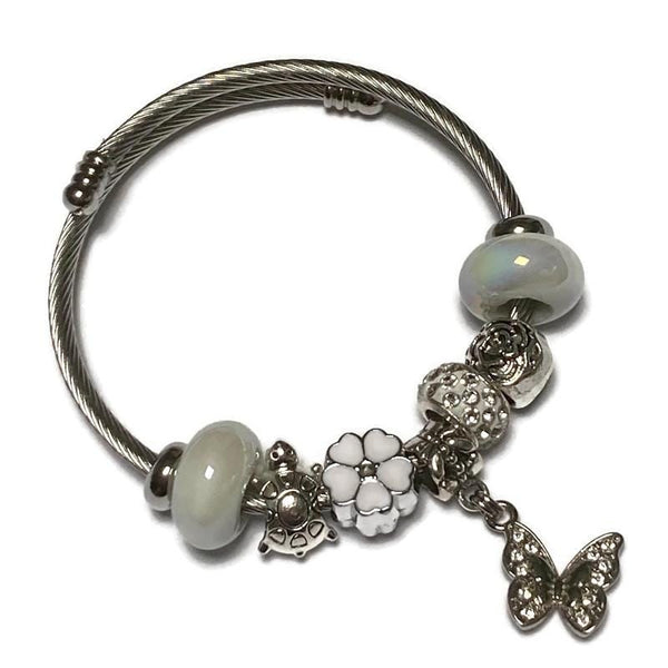 Delicate butterfly WHITE Stainless Expandable Easy to put on stretch memory wire Charm Bracelet. One size fits most