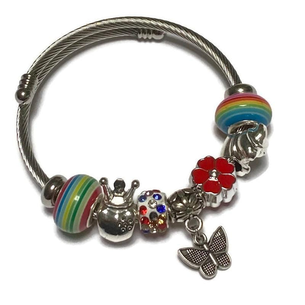 Rainbow, Red flower Stainless Expandable Easy to put on stretch memory wire Charm Bracelet. One size fits most