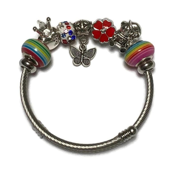 Rainbow, Red flower Stainless Expandable Easy to put on stretch memory wire Charm Bracelet. One size fits most