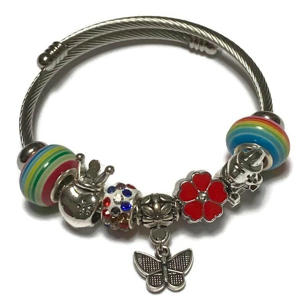 Rainbow, Red flower Stainless Expandable Easy to put on stretch memory wire Charm Bracelet. One size fits most