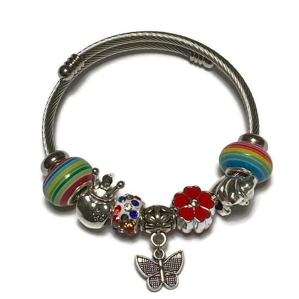 Rainbow, Red flower Stainless Expandable Easy to put on stretch memory wire Charm Bracelet. One size fits most