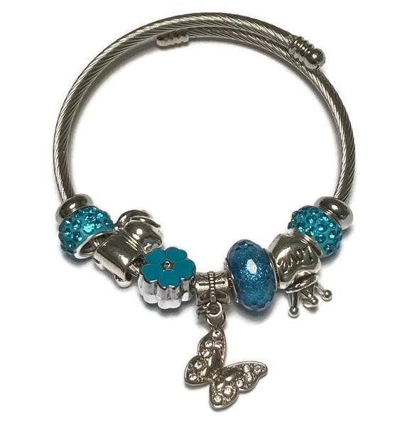 Butterfly. Blue Stainless Expandable Easy to put on stretch memory wire Charm Bracelet. One size fits most