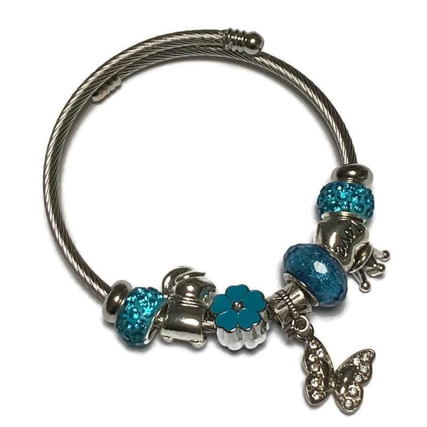 Butterfly. Blue Stainless Expandable Easy to put on stretch memory wire Charm Bracelet. One size fits most