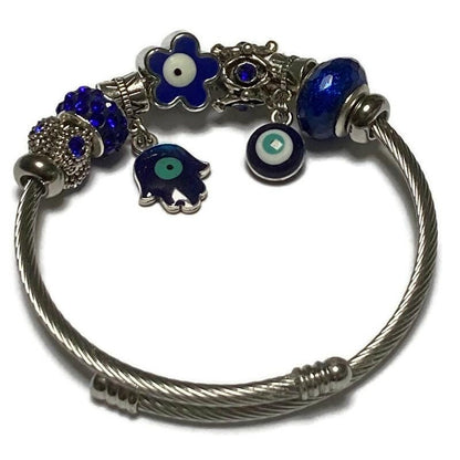 Blue Evil eye Stainless Expandable Easy to put on stretch memory wire Charm Bracelet. One size fits most