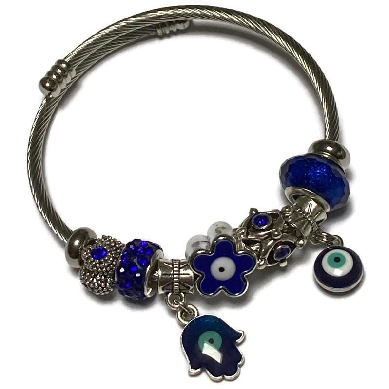 Awesome Blue Evil eye Stainless Expandable Easy to put on stretch memory wire Charm Bracelet. One size fits most