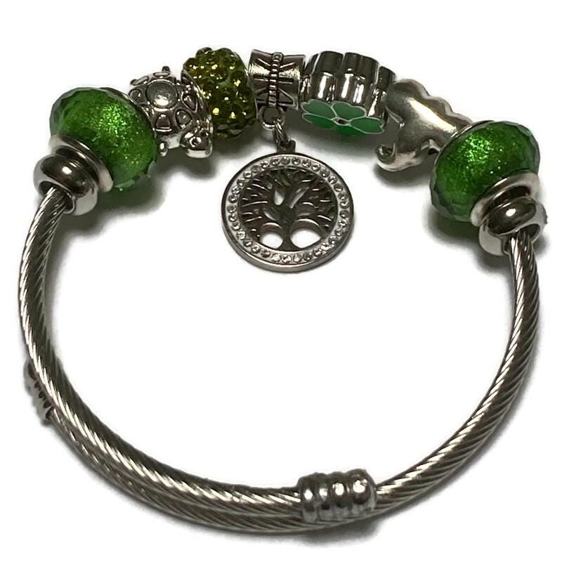 Tree Of Life. Green Stainless Expandable Easy to put on stretch memory wire Charm Bracelet. One size fits most