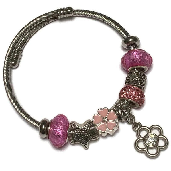 Flower. Pink Stainless Expandable Easy to put on stretch memory wire Charm Bracelet. One size fits most