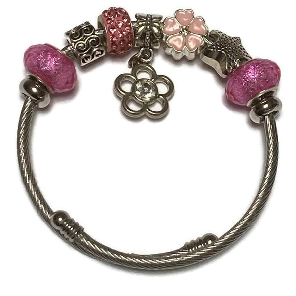 Flower. Pink Stainless Expandable Easy to put on stretch memory wire Charm Bracelet. One size fits most