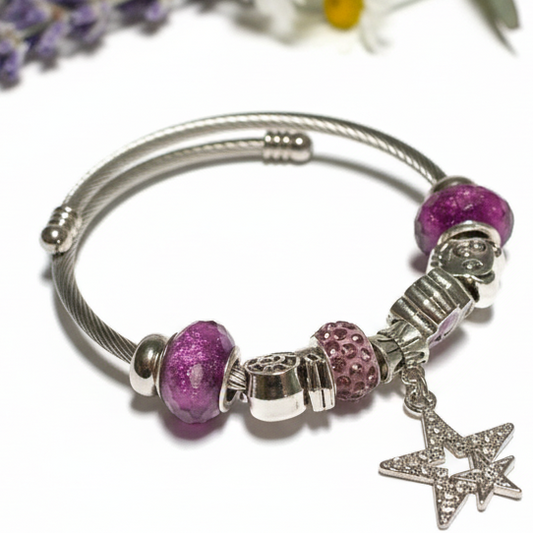 Purple Stainless Expandable Easy to put on stretch memory wire Charm Bracelet. One size fits most
