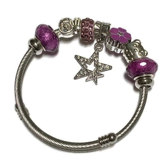 Purple Stainless Expandable Easy to put on stretch memory wire Charm Bracelet. One size fits most