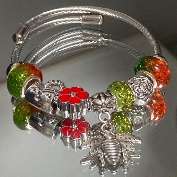 Green, Red and orange. Stainless Expandable Easy to put on stretch memory wire Charm Bracelet. One size fits most