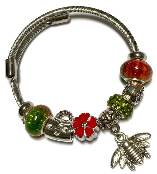 Green, Red and orange. Stainless Expandable Easy to put on stretch memory wire Charm Bracelet. One size fits most