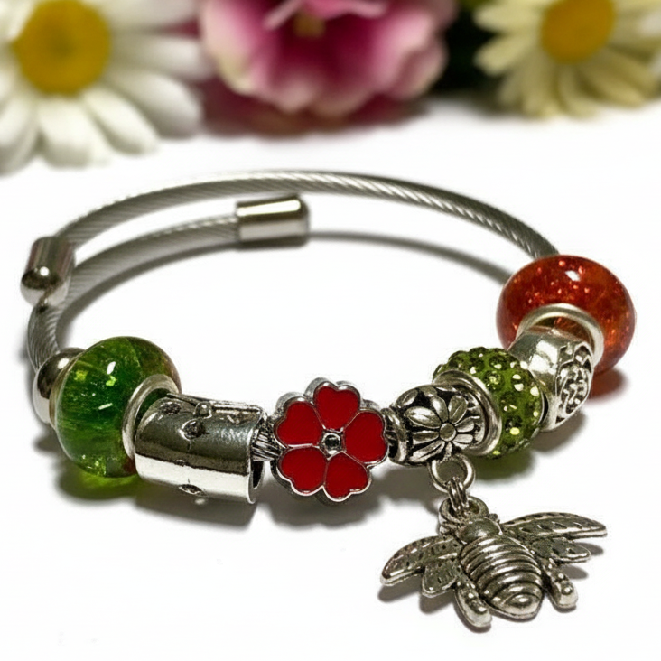 Green, Red and orange. Stainless Expandable Easy to put on stretch memory wire Charm Bracelet. One size fits most