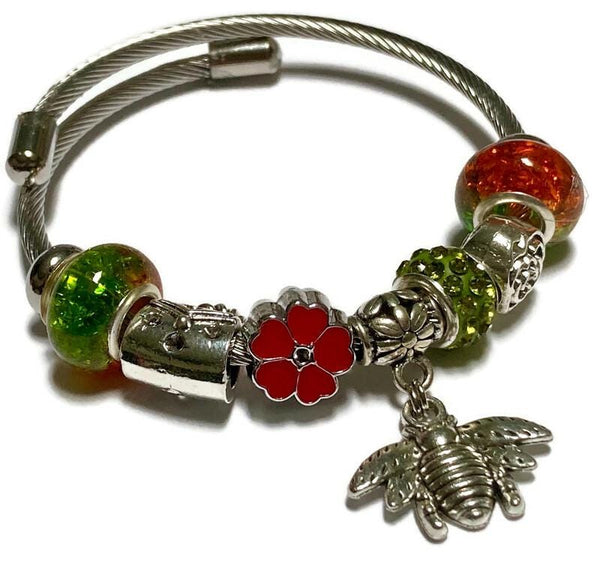 Green, Red and orange. Stainless Expandable Easy to put on stretch memory wire Charm Bracelet. One size fits most