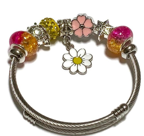 Fuchsia and yellow. Stainless Expandable Easy to put on stretch memory wire Charm Bracelet. One size fits most