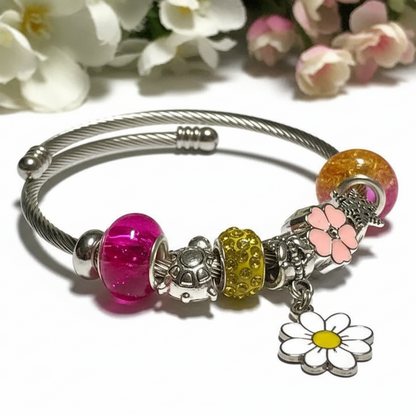 Fuchsia and yellow. Stainless Expandable Easy to put on stretch memory wire Charm Bracelet. One size fits most