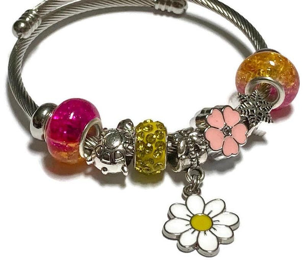 Fuchsia and yellow. Stainless Expandable Easy to put on stretch memory wire Charm Bracelet. One size fits most