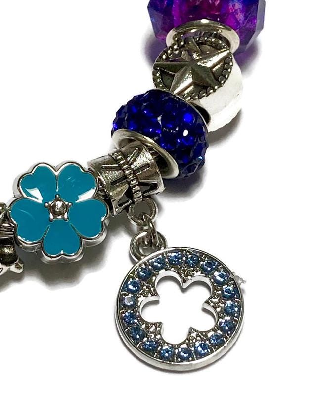 Blue, Purple. Stainless Expandable Easy to put on stretch memory wire Charm Bracelet. One size fits most