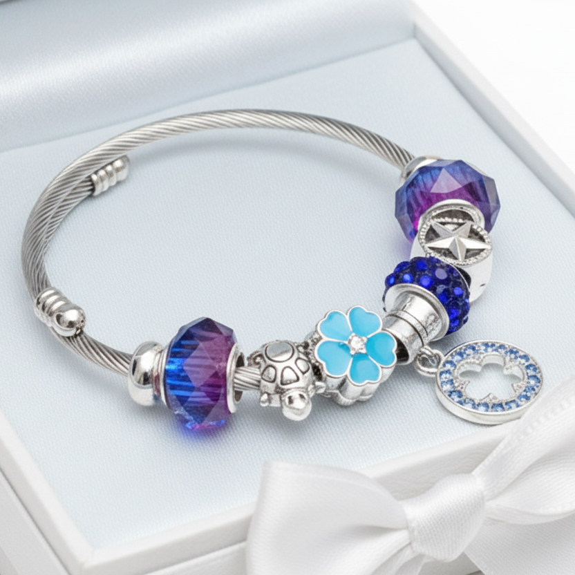 Blue, Purple. Stainless Expandable Easy to put on stretch memory wire Charm Bracelet. One size fits most