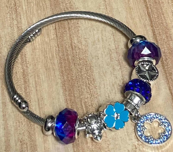 Blue, Purple. Stainless Expandable Easy to put on stretch memory wire Charm Bracelet. One size fits most