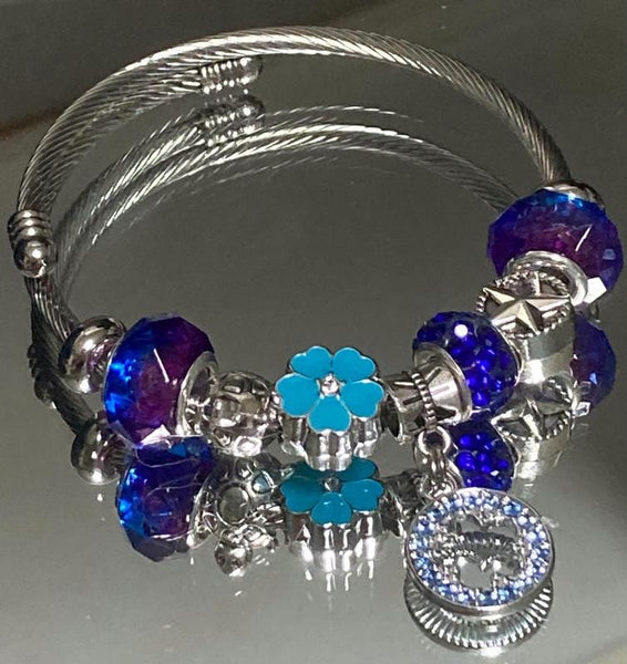 Blue, Purple. Stainless Expandable Easy to put on stretch memory wire Charm Bracelet. One size fits most