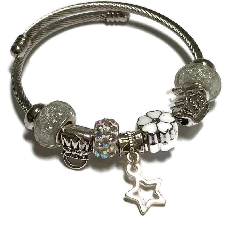 White and glitter silver Stainless Expandable Easy to put on stretch memory wire Charm Bracelet. One size fits most