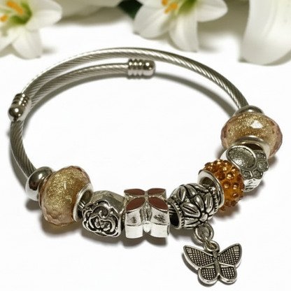 Golden brown, Stainless Expandable Easy to put on stretch memory wire Charm Bracelet. One size fits most