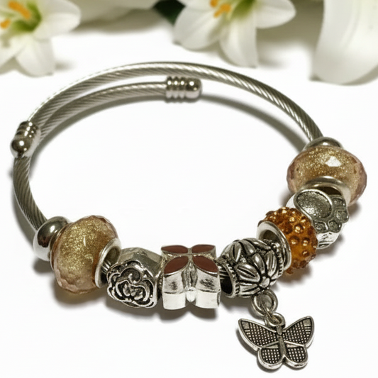 Golden brown, Stainless Expandable Easy to put on stretch memory wire Charm Bracelet. One size fits most