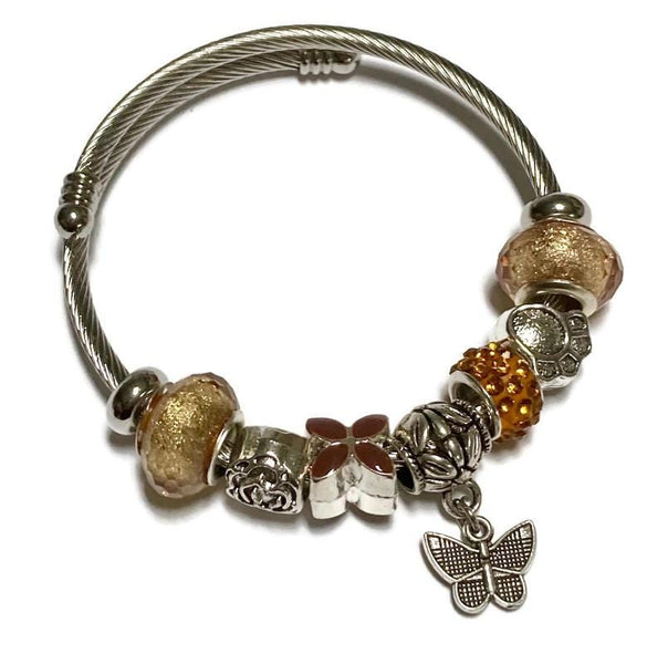 Golden brown, Stainless Expandable Easy to put on stretch memory wire Charm Bracelet. One size fits most