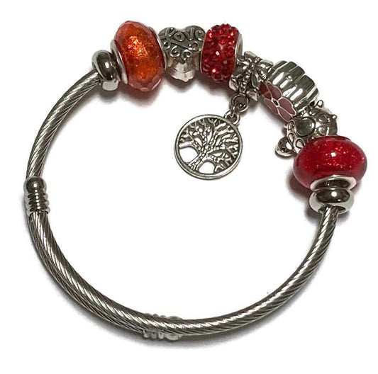 RED Stainless Expandable Easy to put on stretch memory wire Charm Bracelet. One size fits most