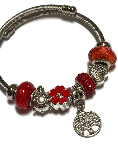 RED Stainless Expandable Easy to put on stretch memory wire Charm Bracelet. One size fits most