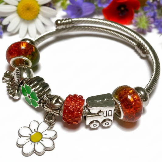 Orange and Green Stainless Expandable Easy to put on stretch memory wire Charm Bracelet. One size fits most