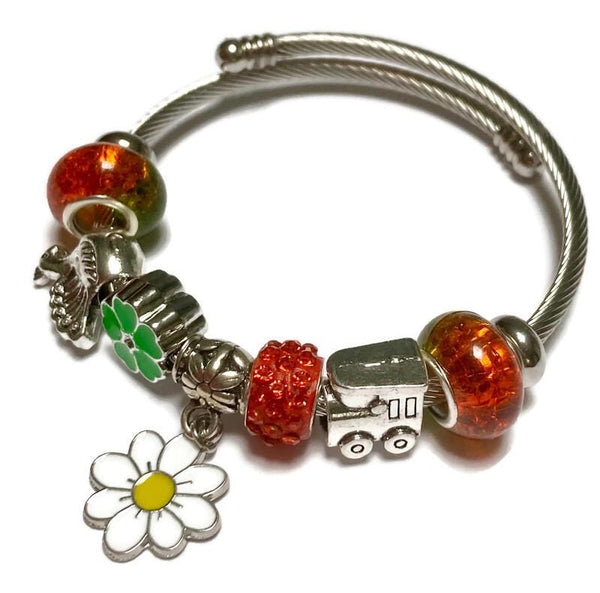 Orange and Green Stainless Expandable Easy to put on stretch memory wire Charm Bracelet. One size fits most