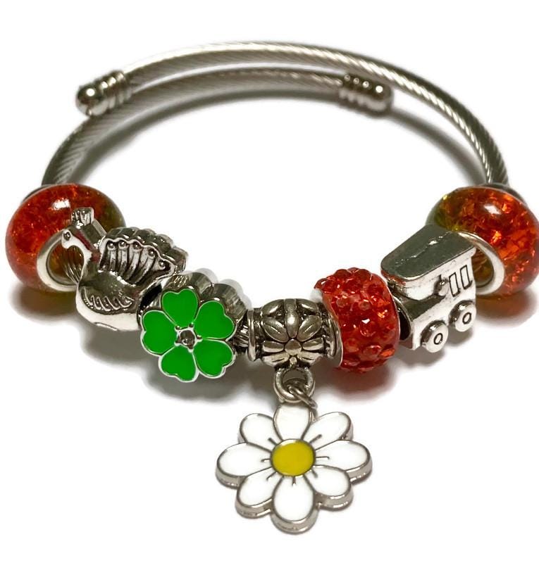 Orange and Green Stainless Expandable Easy to put on stretch memory wire Charm Bracelet. One size fits most