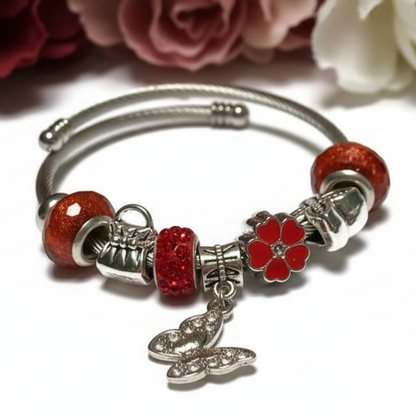 Red Butterfly Stainless Expandable Easy to put on stretch memory wire Charm Bracelet. One size fits most