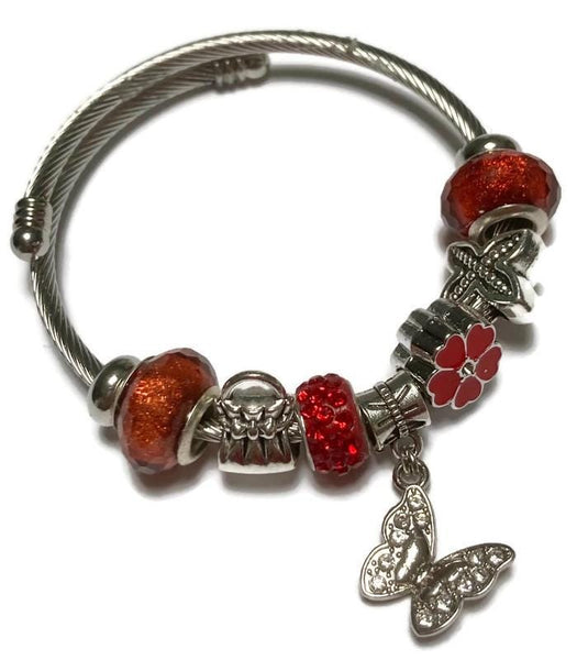 Red Butterfly Stainless Expandable Easy to put on stretch memory wire Charm Bracelet. One size fits most