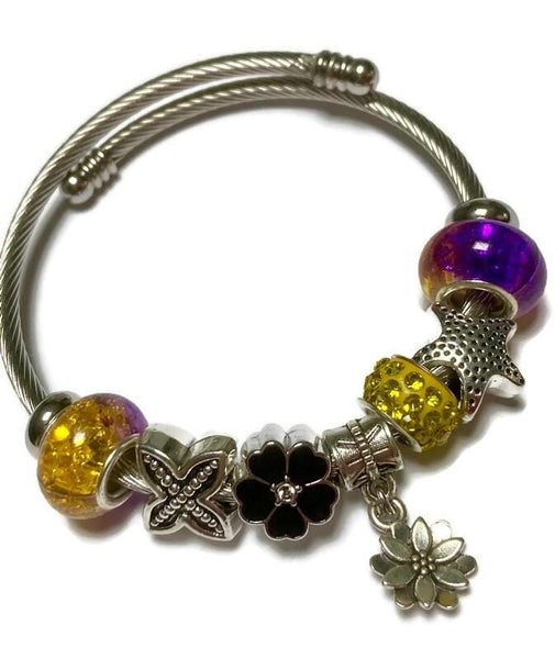 Purple, Yellow and Black Stainless Expandable Easy to put on stretch memory wire Charm Bracelet. One size fits most